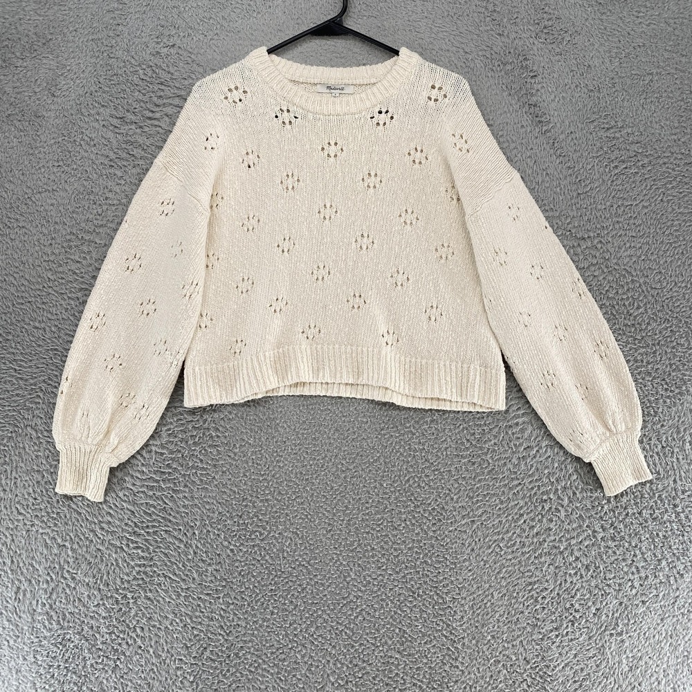 Madewell Sweater Womens Small Floral Pointelle Balloon Sleeve 100% Cotton Cream